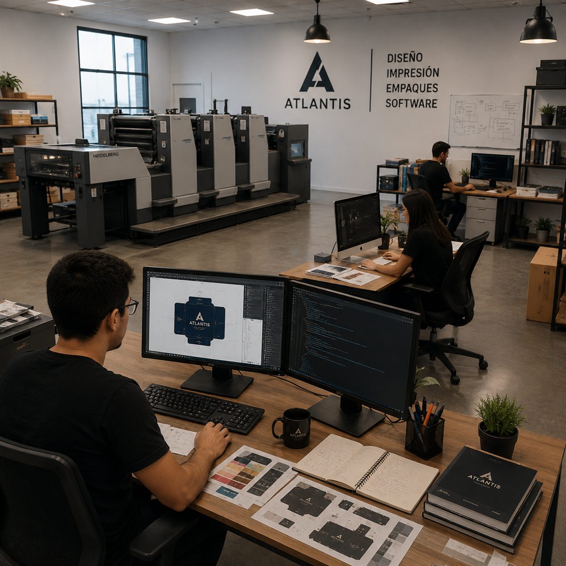 Interior del taller Atlantis: prensa Heidelberg al fondo y puestos de trabajo con diseño de troqueles y desarrollo de software